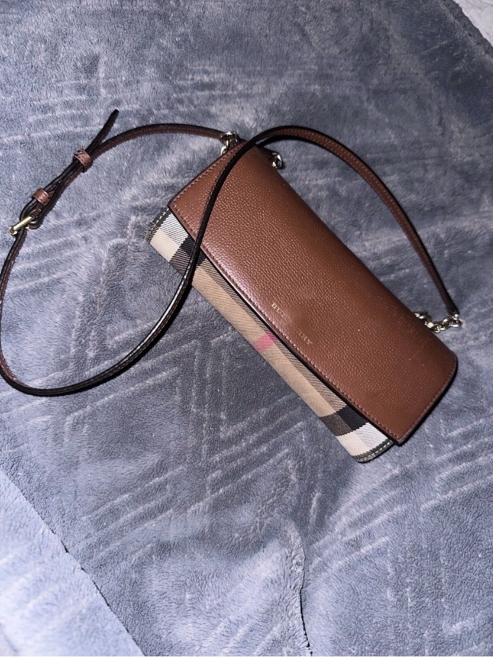 Burberry Brown Leather Henley Check Crossbody wallet on chain